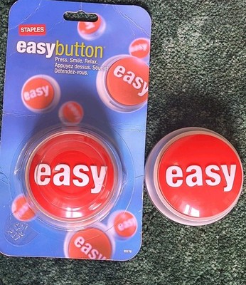 2 Staples ''That Was Easy'' Buttons; Vintage Original (used) & a 2022 New, Sealed.