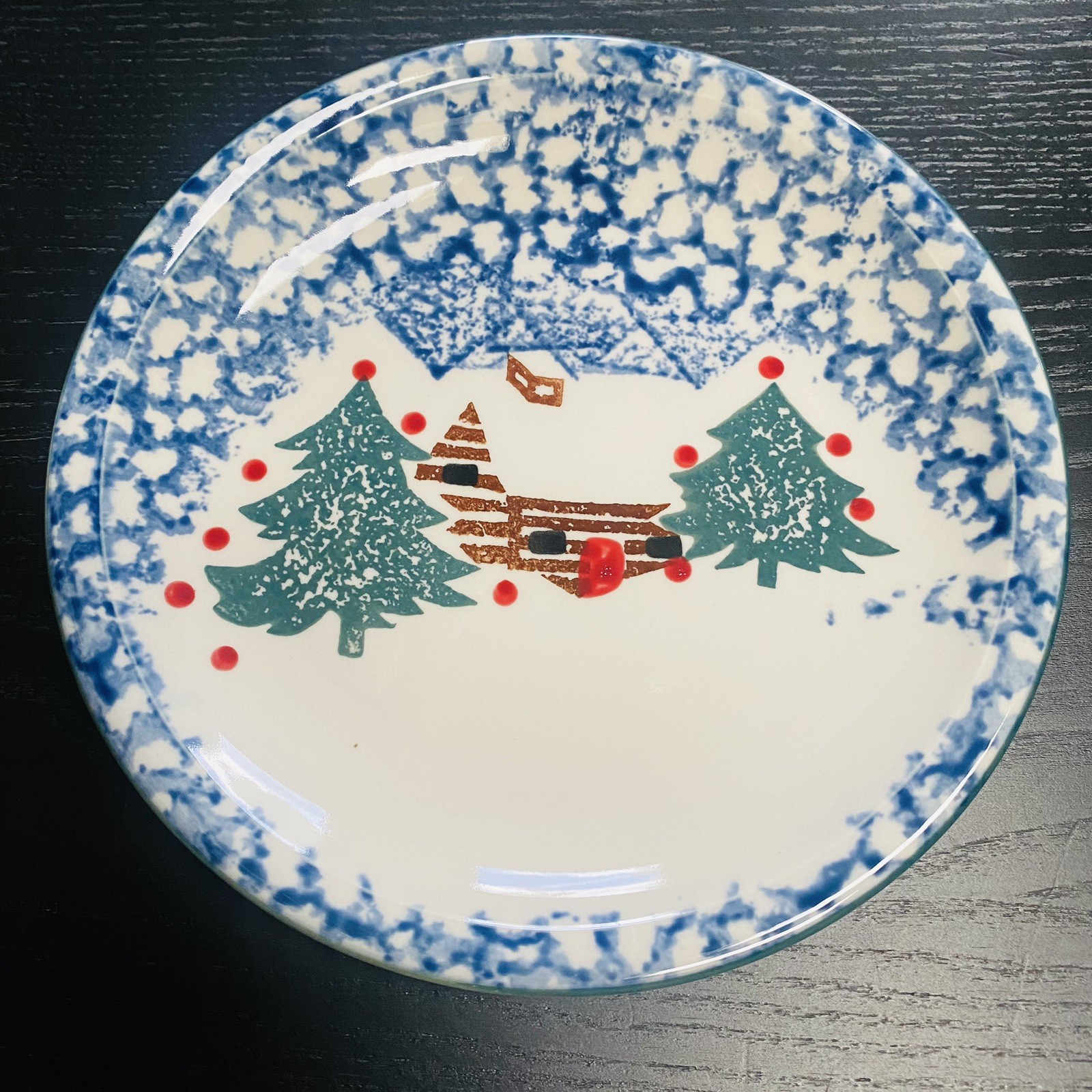 Folkcraft  Cabin In The Snow Tienshan 7 1/2" Salad Plates Winter Christmas Vtg