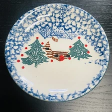 Folkcraft  Cabin In The Snow Tienshan 7 1/2" Salad Plates Winter Christmas Vtg