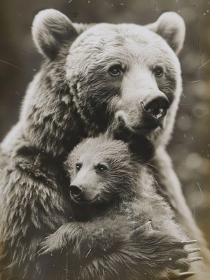 Mutter und Baby Bär umarmen Sepia Ton Vintage Natur Fotografie A1-A4 Poster