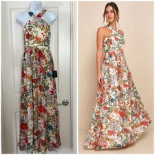 NWT Lulus Lilja Cream Floral Chiffon Maxi Dress Boho Cottage Feminine Women's XS