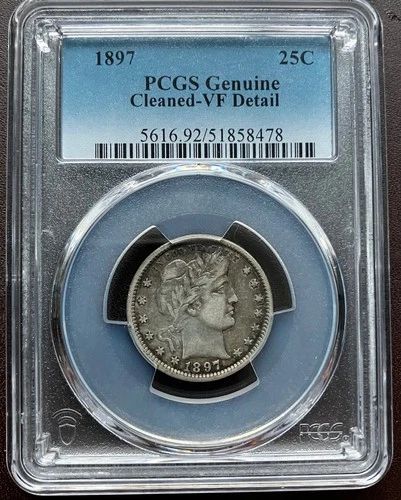 1897 Philadelphia, Silver Barber Quarter, PCGS Genuine, VF Details, Cleaned.