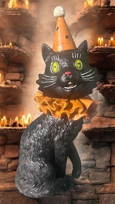 Black Cat Statue Kitten life-size witch Creepy Clown hat Halloween