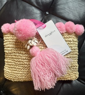 Coole schöne Bast-Tasche-Clutch NEU Shivadiva Munich BW-Futter Pouch Bommel Pink