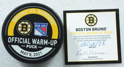 Boston Bruins New York Rangers May 8 2021 Warm Up USED Puck NHL