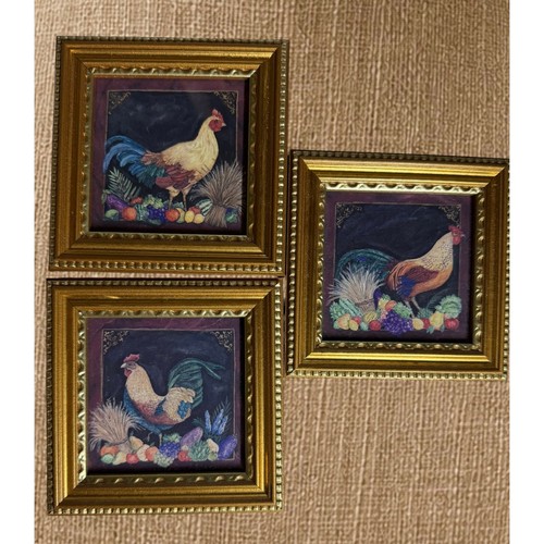 Vintage Rooster Wall Art Set of 3 Gold Framed Country Kitchen Harvest Decor
