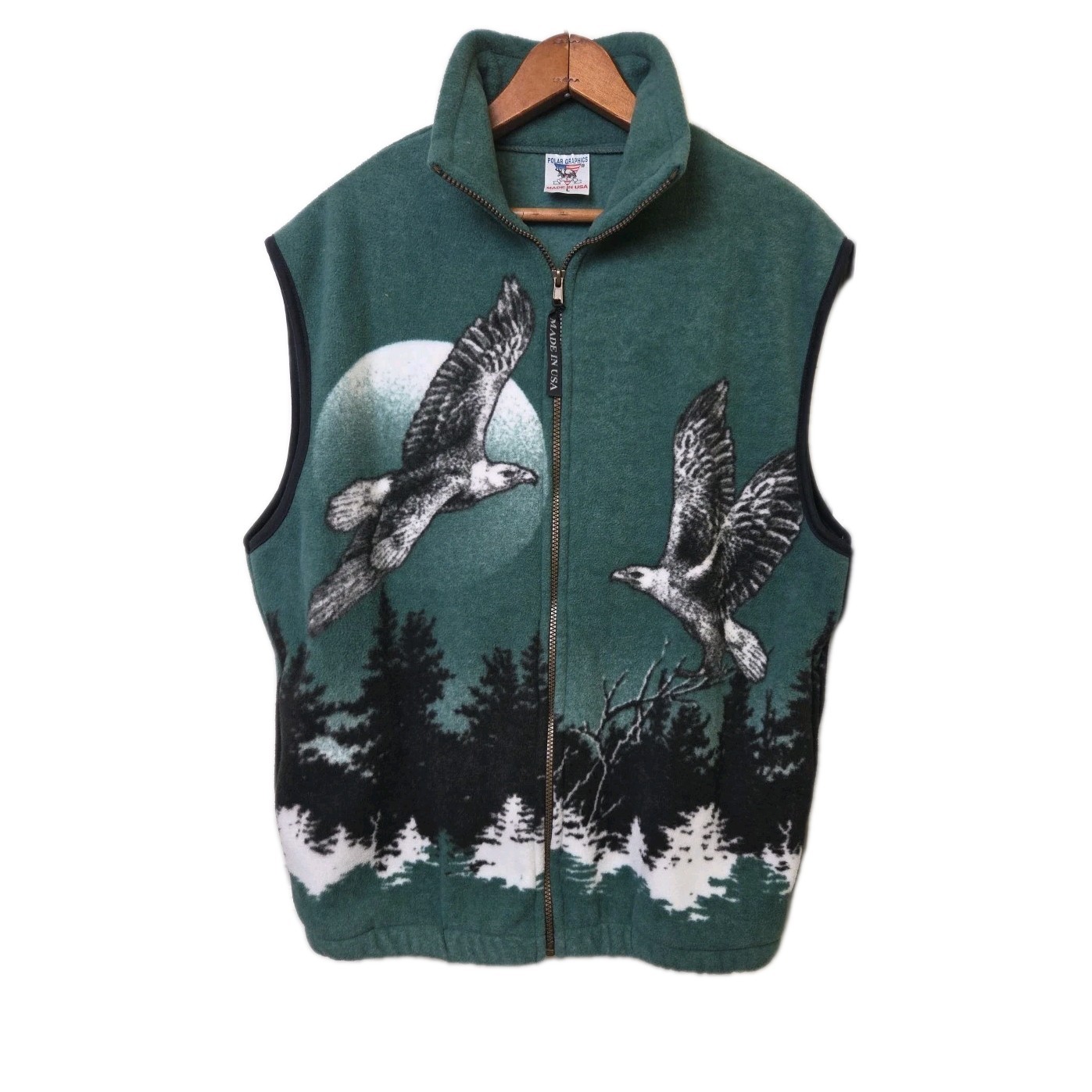 De Colección Nature Lodge Águila Árboles Cremallera Vellón Chaleco Bolsillos Gráficos Polares EE. UU. Hombres L