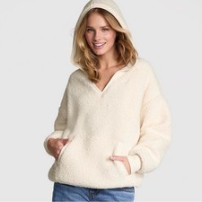 Victoria's Secret Pink Varsity Sherpa Pullover Cream/Ivory Hoodie, Medium EUC