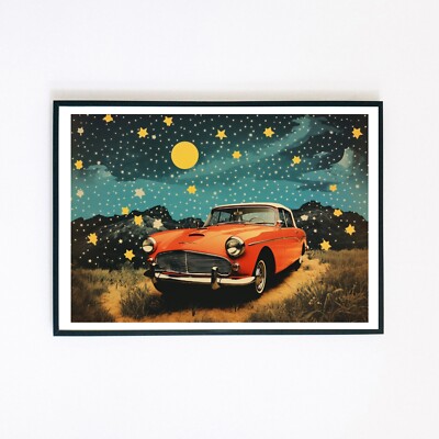 Retro Baum Auto Abstrakt Himmel Illustration Collage A5 Wohndeko Wandkunstdruck 