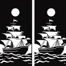 FADEPROOF Cornhole Board Wraps Laminated / Black White Pirate Ship