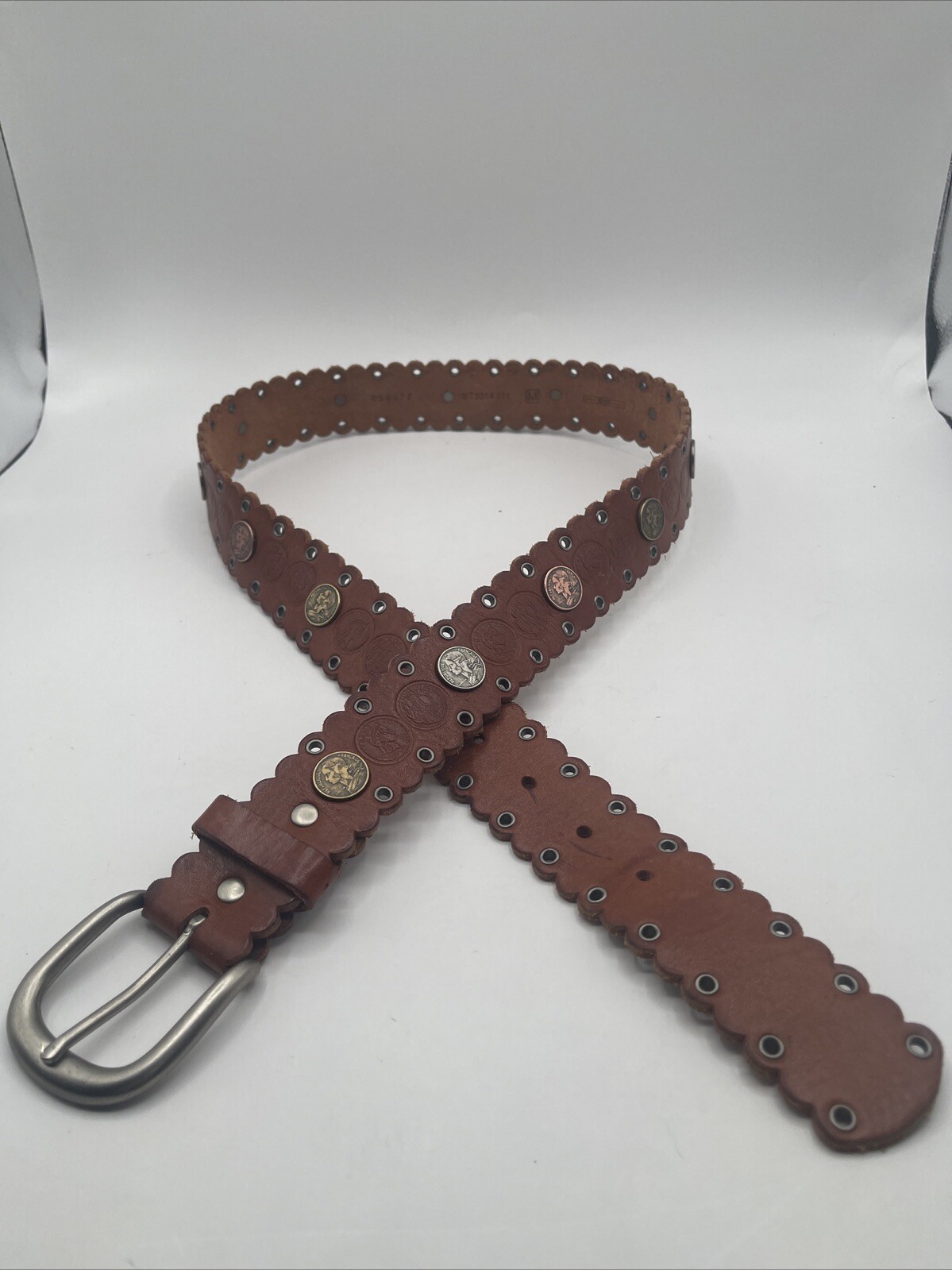 Fossil Brown Scalloped Leather Belt with Coin Concho Studs Size Medium  