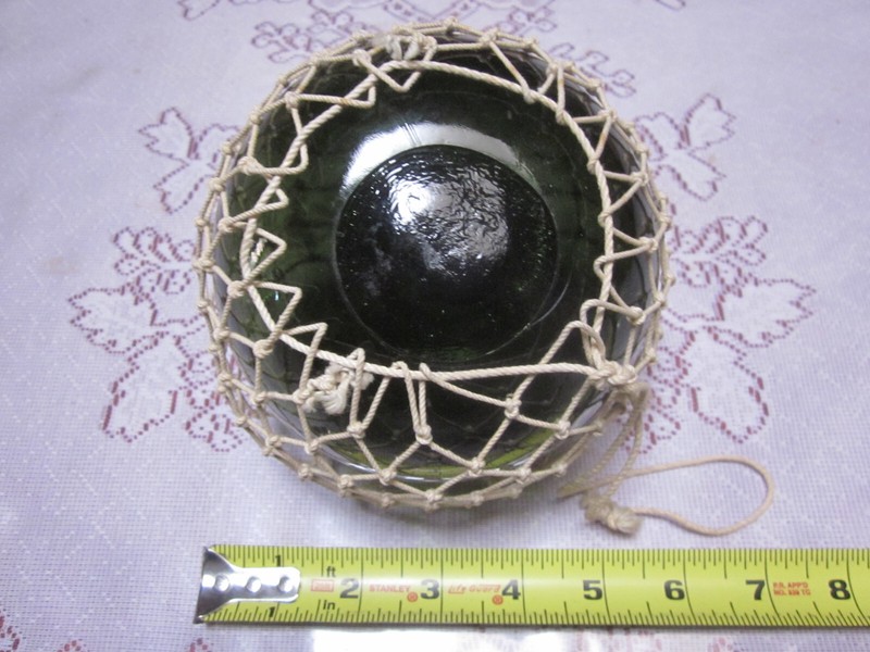 Vintage 5" Dark Green Japanese Glass Fishing Float/Buoy w/Net