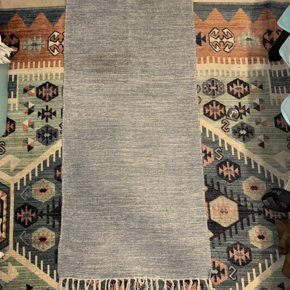 Blue and white woven area rug with tassels on both ends eBay