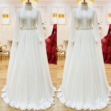 Muslim Chiffon Wedding Dress with Cape Long Sleeve High Neck A Line Bridal Gown