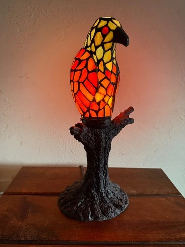 VTG.  Multi Color Stained Glass Parrot On Branch 16” Tiffany Style Lamp