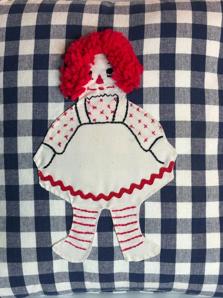 NEW Blue White Gingham Check Plaid Farmhouse Doll Throw Pillow Raggedy Ann 18x18 - Image 2 of 4