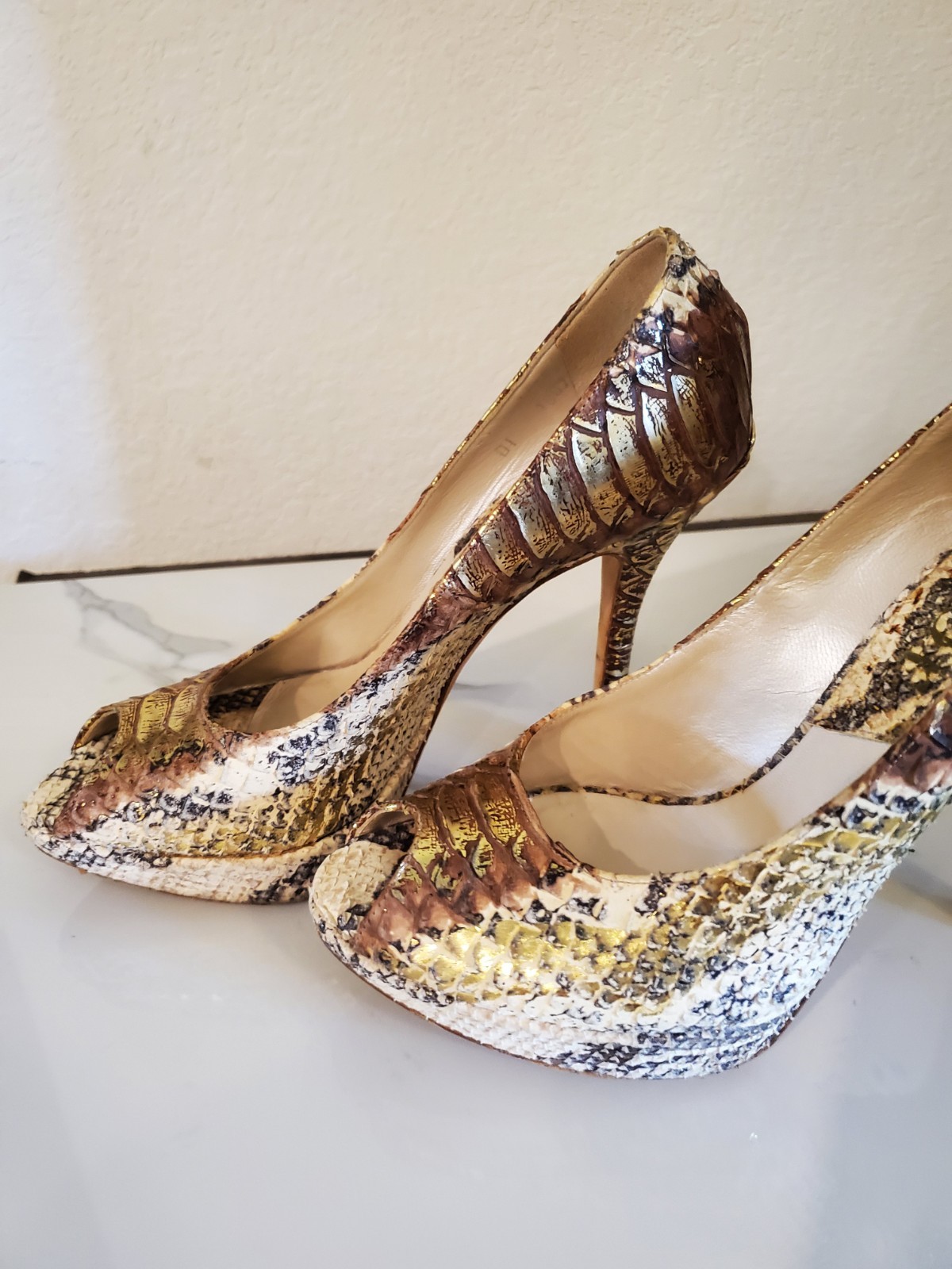 Dior Gold Beige Python Snakeskin Platform Peep To… - image 21