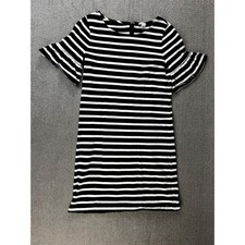 J.Crew Dress Womens Small Black White Striped Ruffle Sleeve Cotton Shift Casual