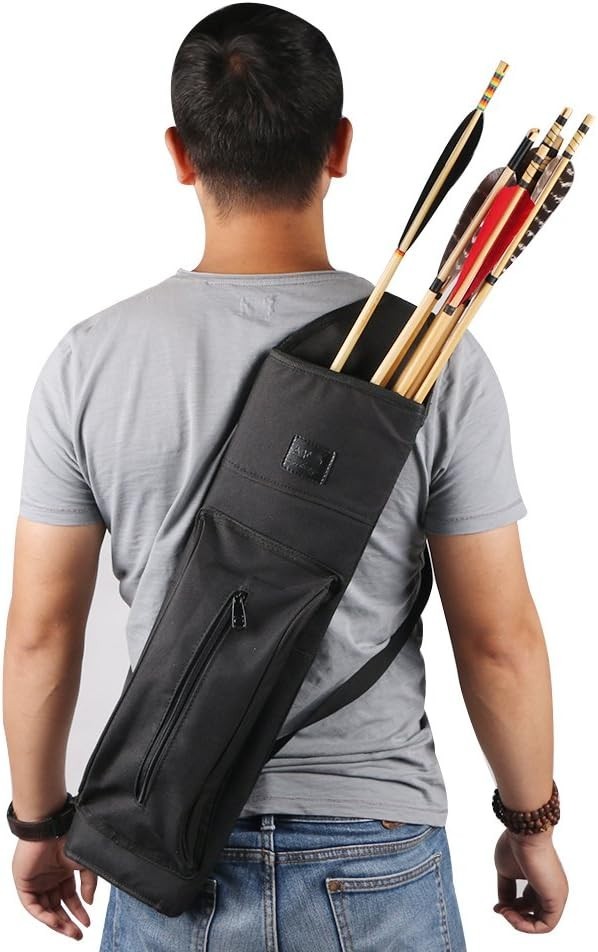 Lightweight Black Canvas Arrow Quiver with Adjustable Straps - 21.6" for Archery