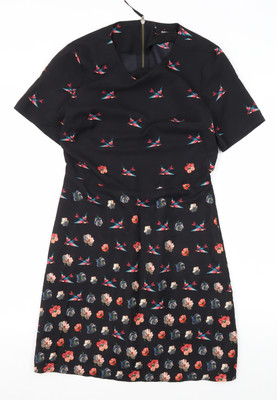 Oasis Damen schwarz Fit & Flare Blumen Kleid Größe 8
