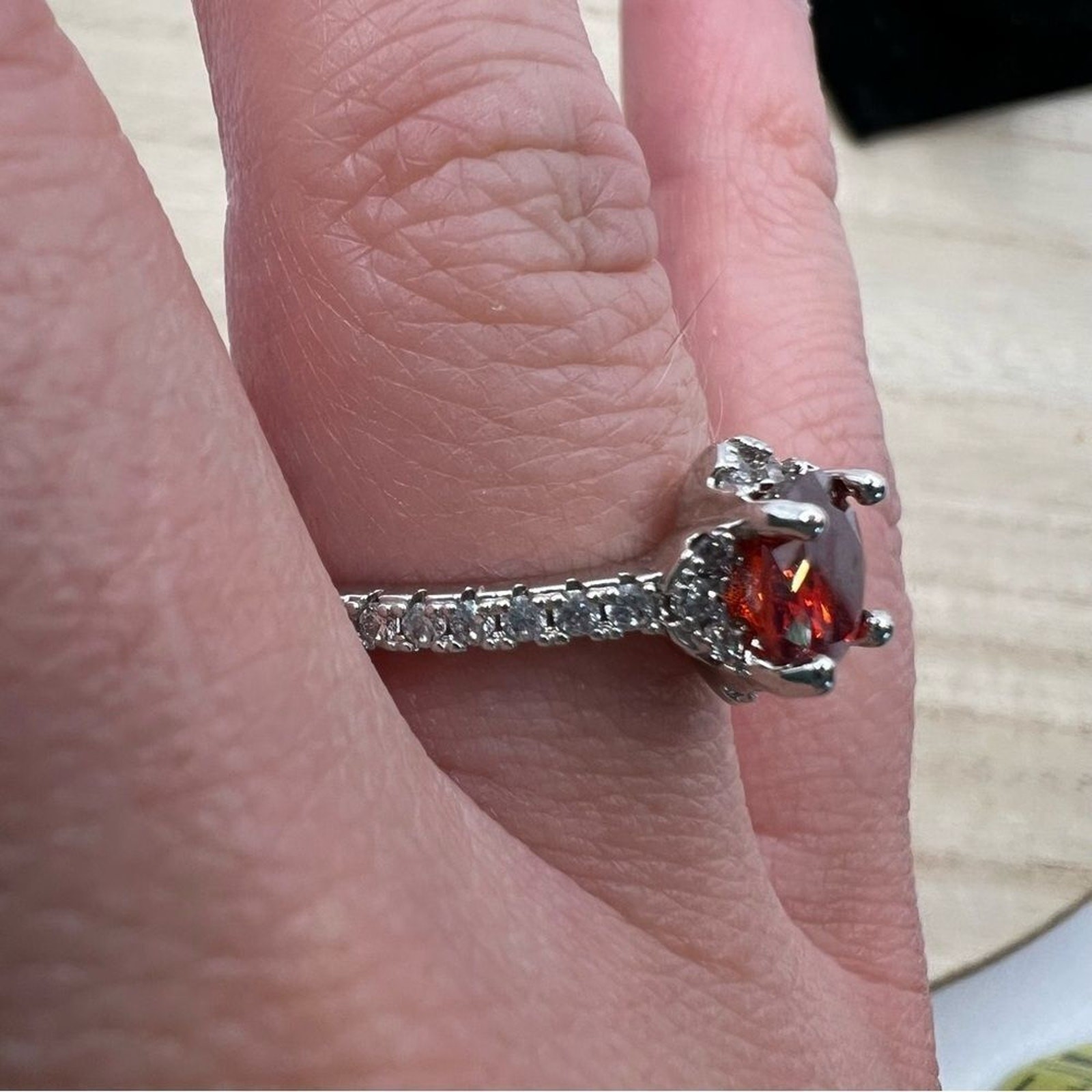 Ruby red jewel gem rhinestone studded silver ring… - image 4