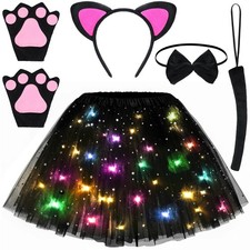 Black Cat Costume for Girls Cat Outfit Set LED Light Up Dress with Ears Headb...