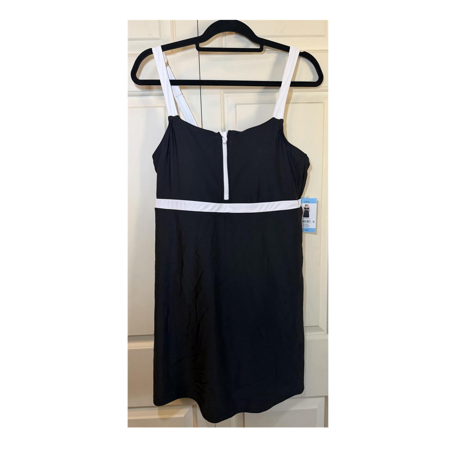 Lands' End Women's Colorblock Swimdress Black White Adjustable Straps Large