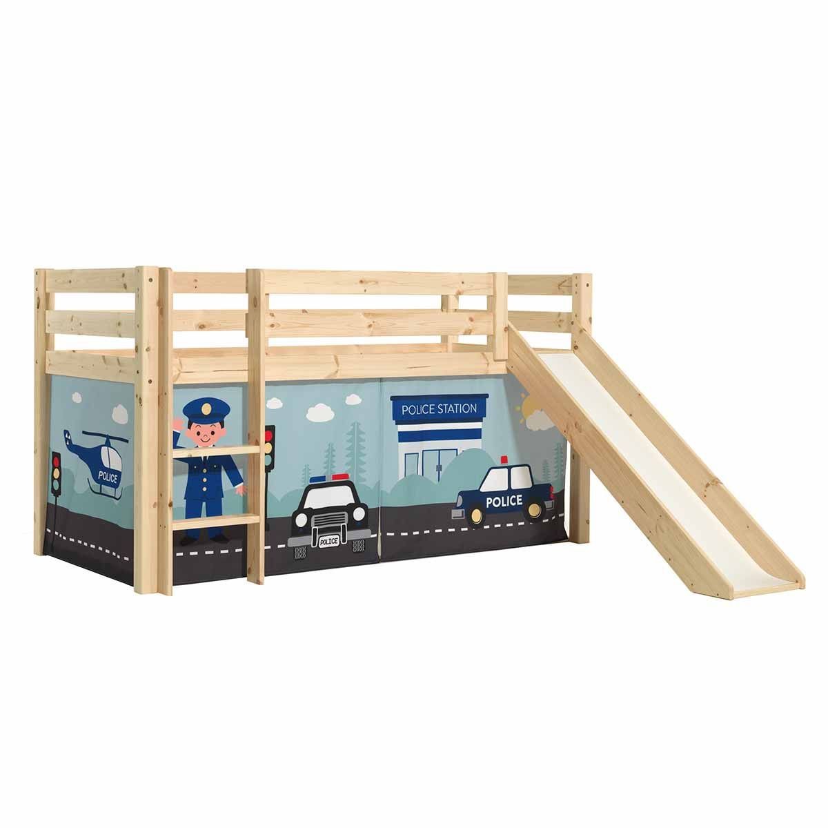 Lit cabane enfant avec toboggan Pino Police 90x200 pour chambre de garçon aventurier