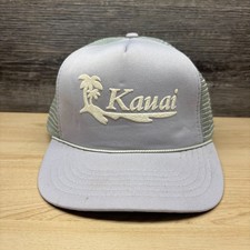 Vintage Kauai Hawaii Hat Cap Snap Back Gray Green Trucker Mesh Palm Tree 90s