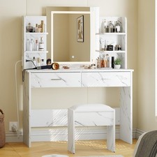 Vanity Table with Lighted Mirror  Stool,Makeup Desk with Power Outlet  Storage