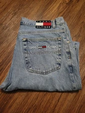 Vtg Tommy Hilfiger Jeans 34x34 Baggy 90s Y2K Light Wash Denim Logo Embroidered