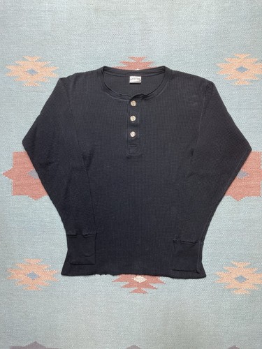 Vintage waffle knit thermal shirt henley black goth grunge cotton adult small