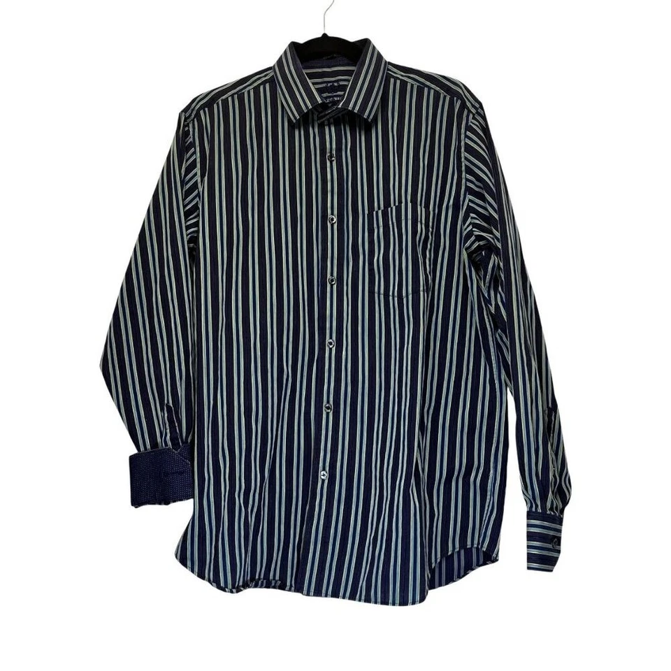 Bugatchi Uomo Men's Blue Striped Button Down Long Sleeve Shirt Large Flip Cuff - Image 2 of 4