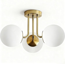Mid Century Modern Brass 3-Light Sputnik Ceiling Light with White Glass Globes