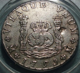 1759 MEXICO Silver "PIECE of 8" ANACS VF 35 PILLAR DOLLAR 1st COIN in RED BOOK