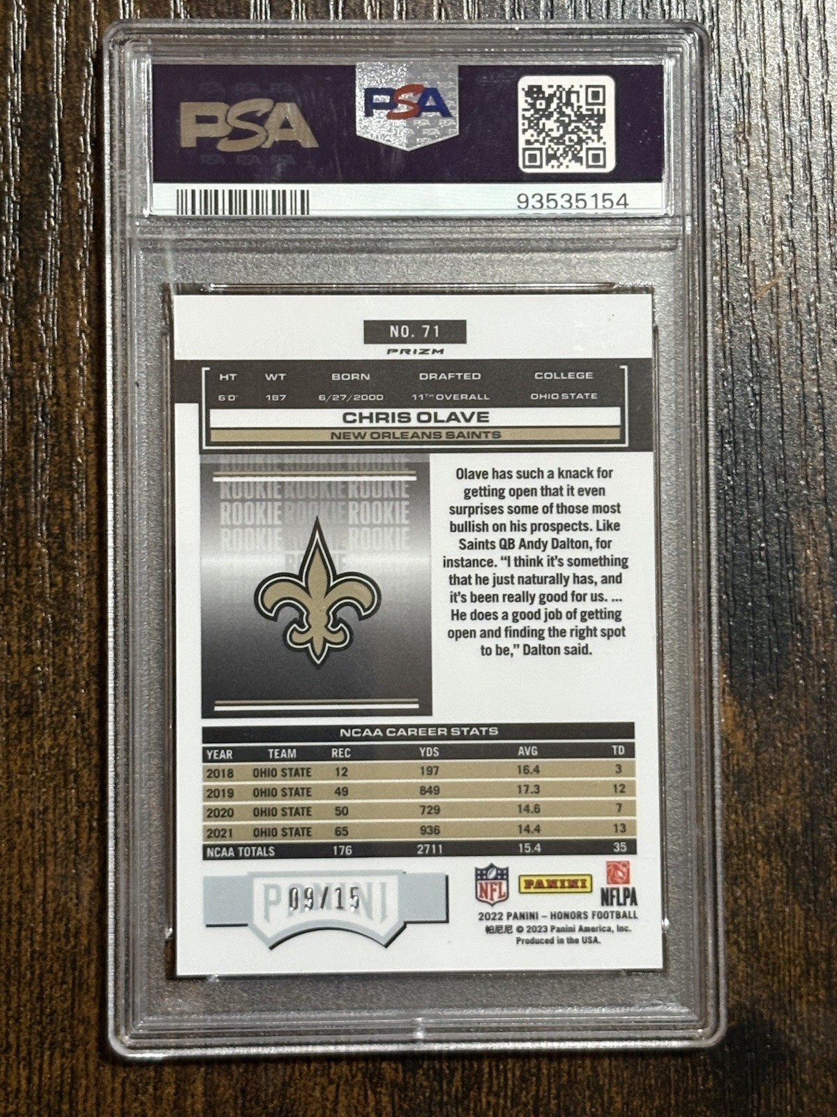 2022 Honors Chris Olave Blue /15 PSA 10 #71 view 2