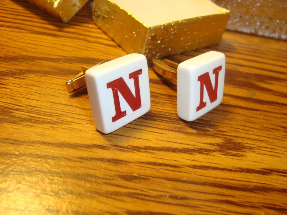 " N " Monogram Letter Initial SILVER Plated Cufflinks 1 Pair (Two) Red/White - Image 2 of 4