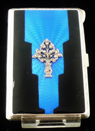 Art Deco Sterling Silver Enamel Marcasite Cigarette Case, London 1930