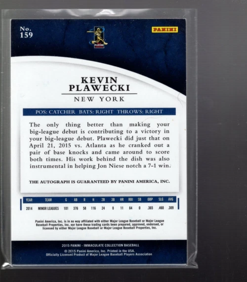 B4279- 2015 Immaculate Collection #159 Kevin Plawecki RC Auto /99 - NM-MT - Image 2 of 2