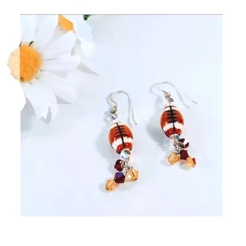 Footballs Dangle Earrings Handmade Cheerleader Fashion Jewelry Fan Wear Apparel - Picture 1 of 10