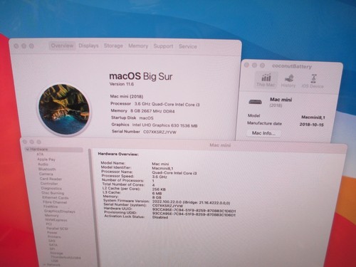  Apple Mac Mini A1993 2018 i3 3.6GHz 4 Core 8GB RAM 128GB SSD MacMini8,1 (59) - Afbeelding 2 van 14