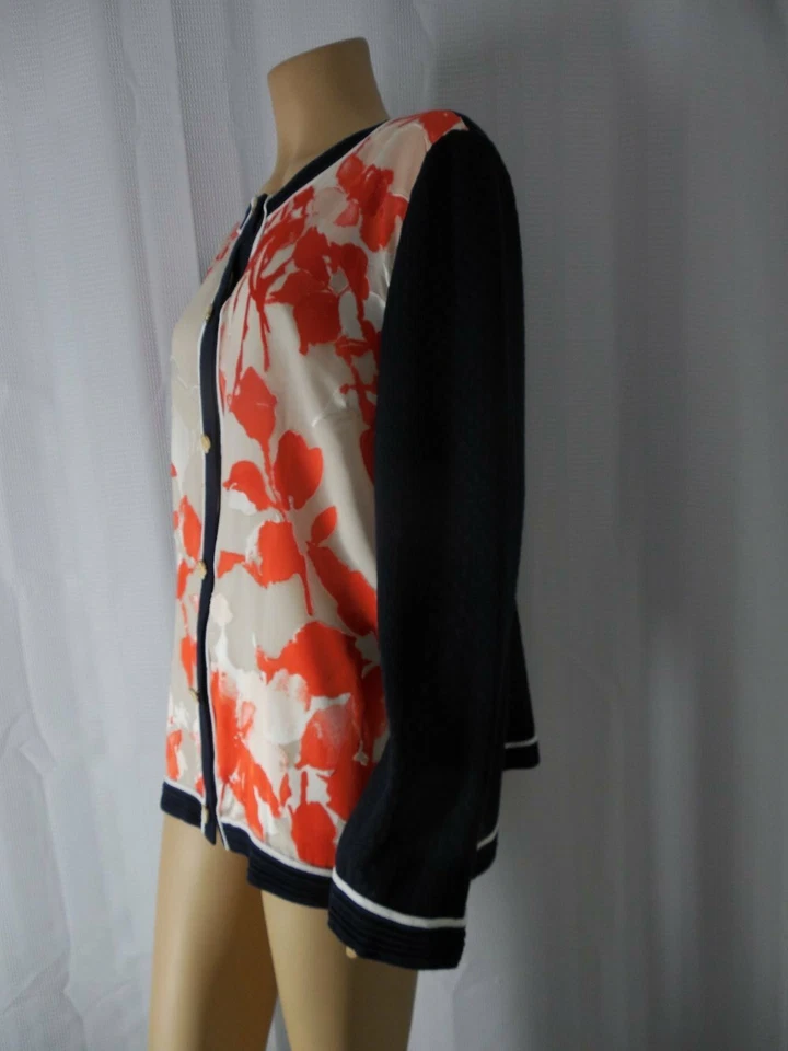 Jaqueta MISOOK tamanho médio malha azul branco vermelho painéis florais botão frontal nova com etiquetas - Imagem 3 de 4