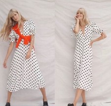 Faithfull the Brand Charlize Midi Dress Polka Dot Black White US 2 XS MSRP $239