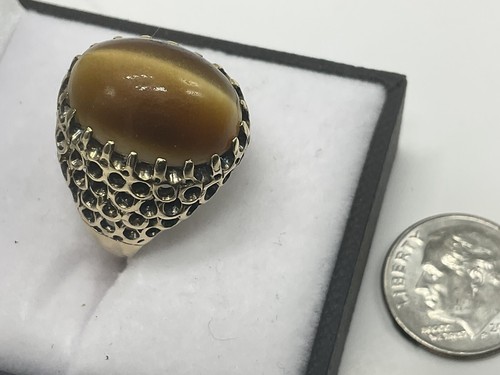 Large Vintage Retro Fine Condition Tiger Cat Eye “Jumbo”Detail Cut 14k Gold Ring - Picture 5 of 11