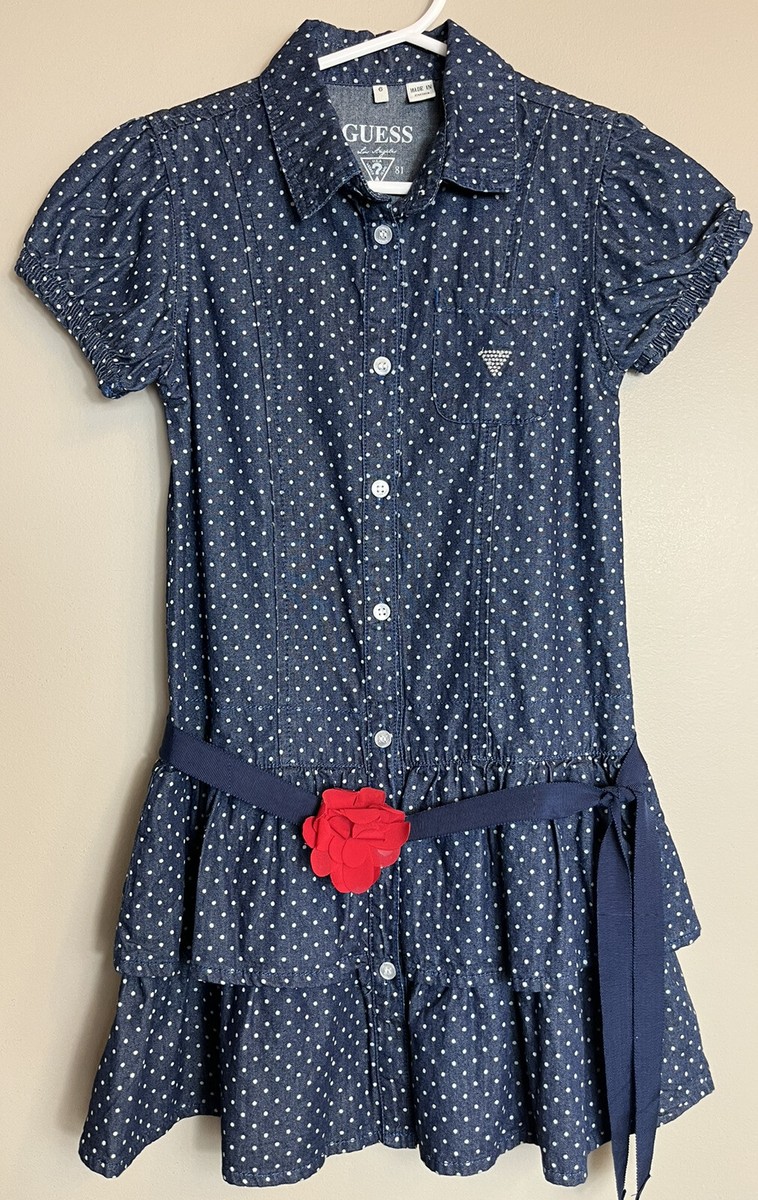 Guess Shirt Dress Navy Denim Blue Small Dots Tiered Layered Skirt Girls  Size 6