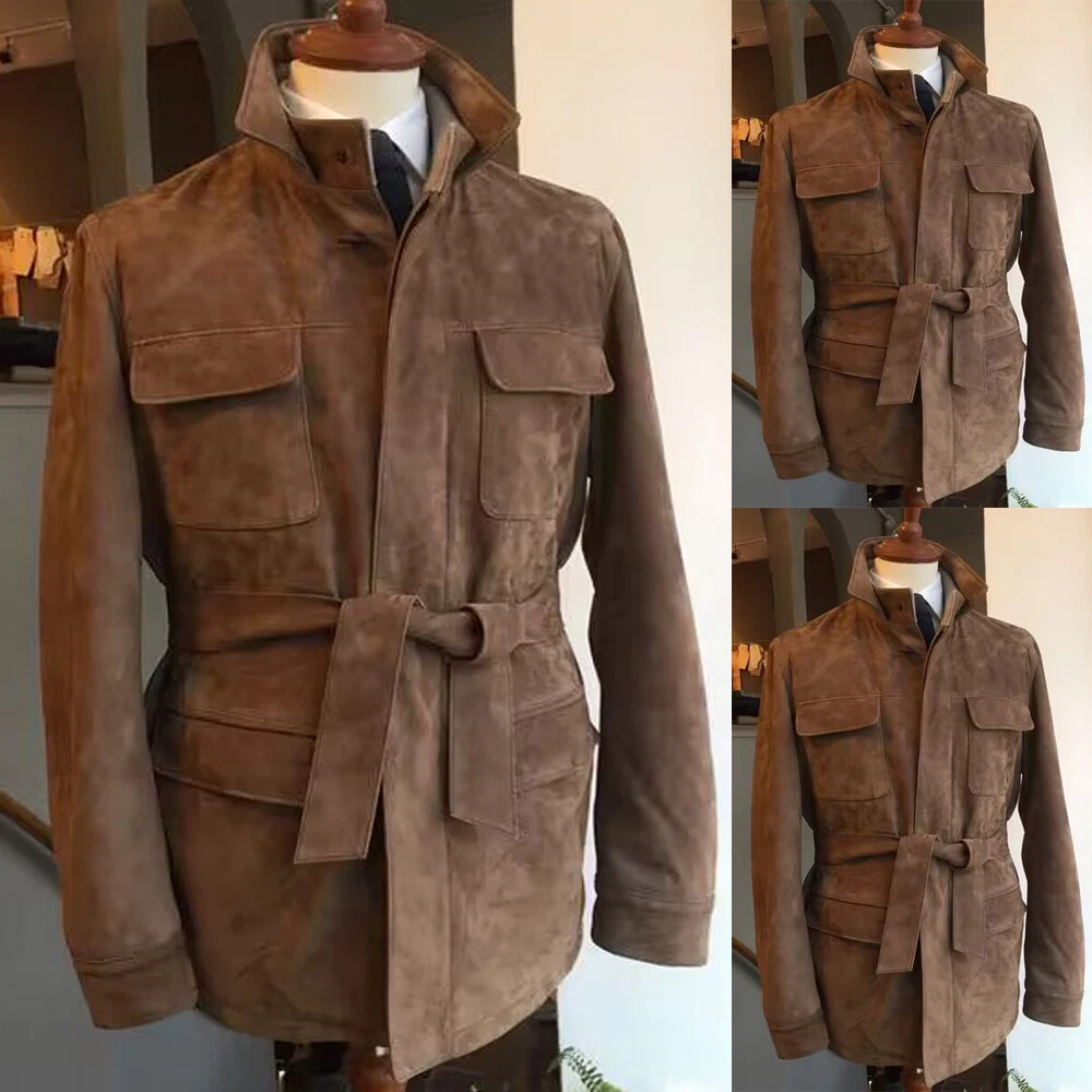 Brown Suede Men's Safari Jackets with Belt Multi Pockets Outdoor Hunting Coats