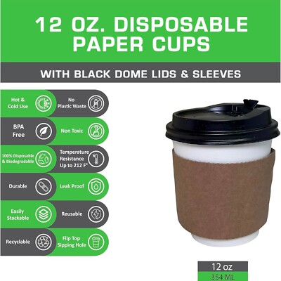 JUST PACK IT 12 oz Disposable Paper Coffee Cups, 100 Cups with