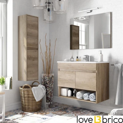 Mobile bagno sospeso 80 cm 2 ante 1 vano con LAVABO SPECCHIO COLONNA Rovere
