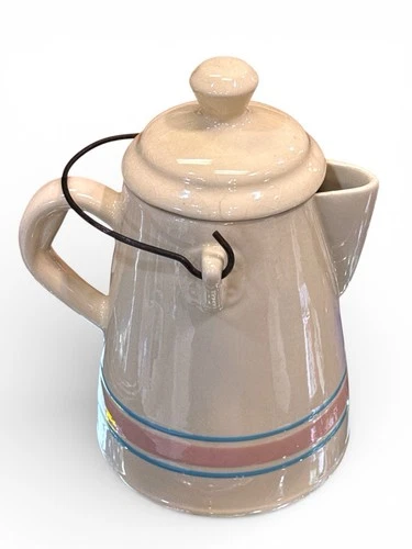 Nelson McCoy #186 Pink & Blue Stripes Coffee Kettle Pot w Lid & Bail Handle
