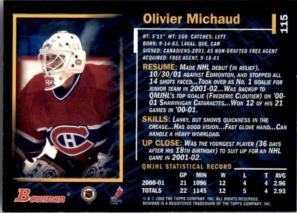 2001-02 Bowman YoungStars #115 Olivier Michaud RC Canadiens - Image 2 of 2